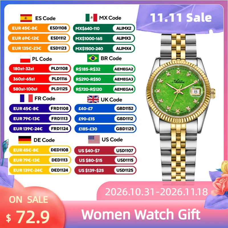 ADDIES Woman Watch Luxury Sapphire Crystal 316L Stainless Steel Quartz Movement Date 50M Waterproof Sport Business Wristwatch