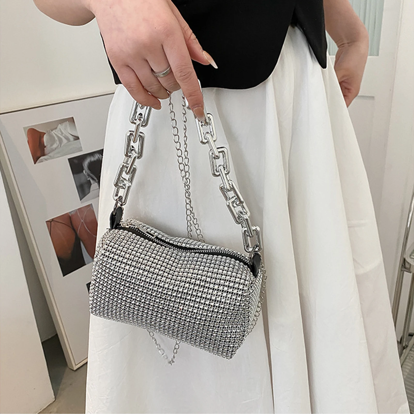 New Rhinestone Handbags For Women Clutch 2023 Diamonds Shoulder Bag Purse Ladies Female Crossbody Bag Shining Chain Crystal Tote