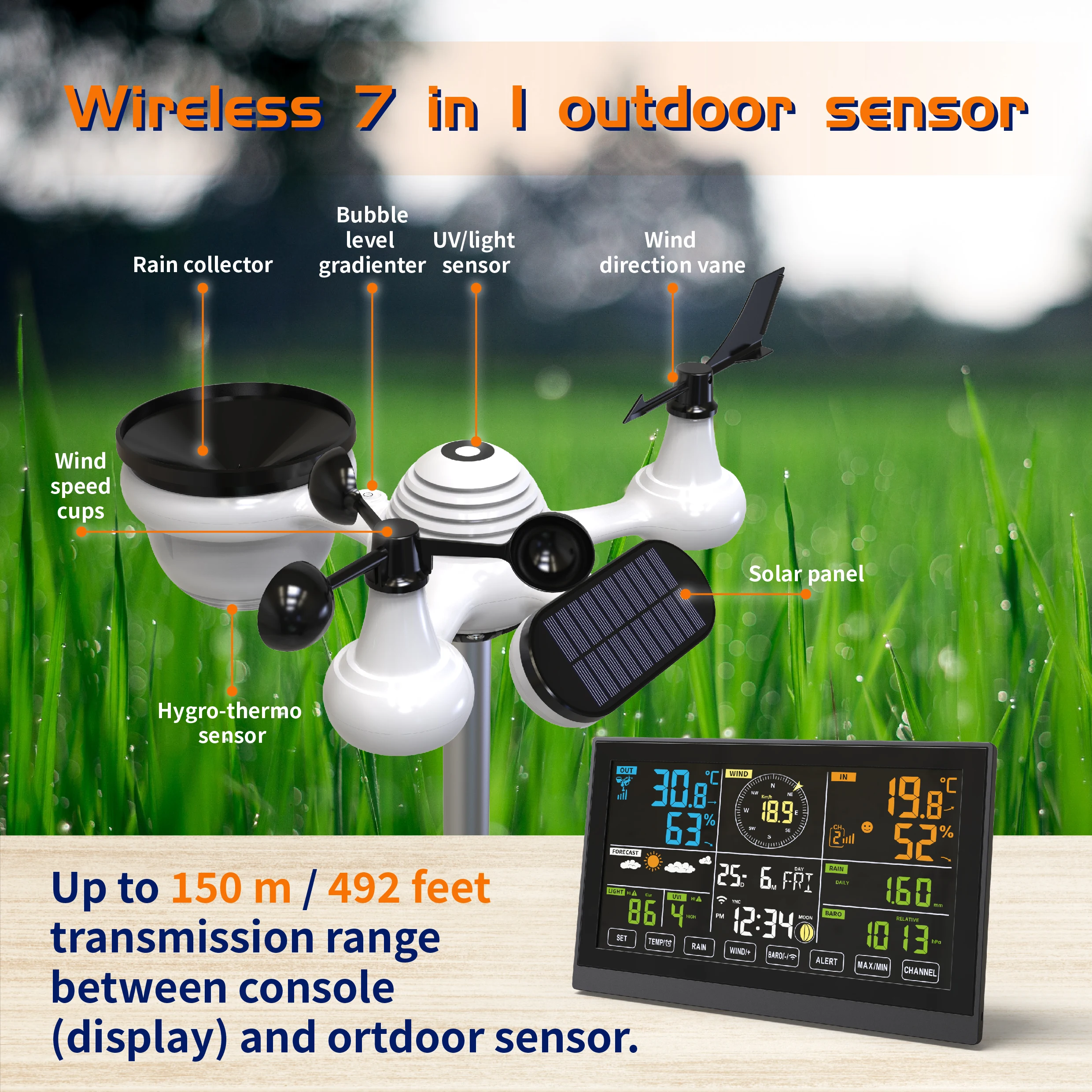 2024 New WiFi Wireless Weather Station 10.2 Inch  Wind/Rain Gauge/UV Index Solar Panel 7 in 1 Professional Weather Station