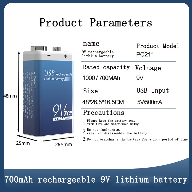 700mAh Rechargeable Battery 6F22 9V Charging Lithium Li-ion Batteries For Metal Detector Model Microphone Toy,Smoke Detector