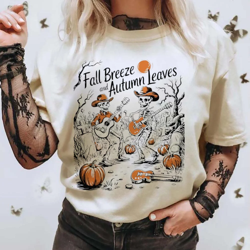 

Autumn Women's T-Shirt Fashion Halloween Party Spooky Season Harajuku Skull Guitar Pumpkin Pattern Casual Street T-Shirt Top