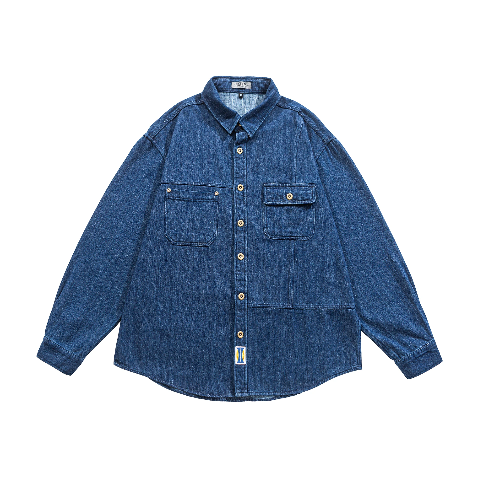 

Мужская повседневная рубашка из денима в стиле ретро, синяя, базовая, рабочая, из смесового хлопка и полиэстера, с длинным рукавом, свободного кроя