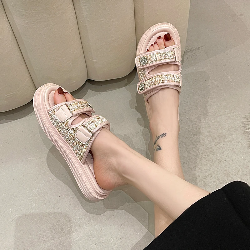 Shoes Slippers Flat Slipers Women Med Slides Fashion Platform 2022 Summer Luxury Rubber Basic Hook & Loop PU Slippers Women Summ