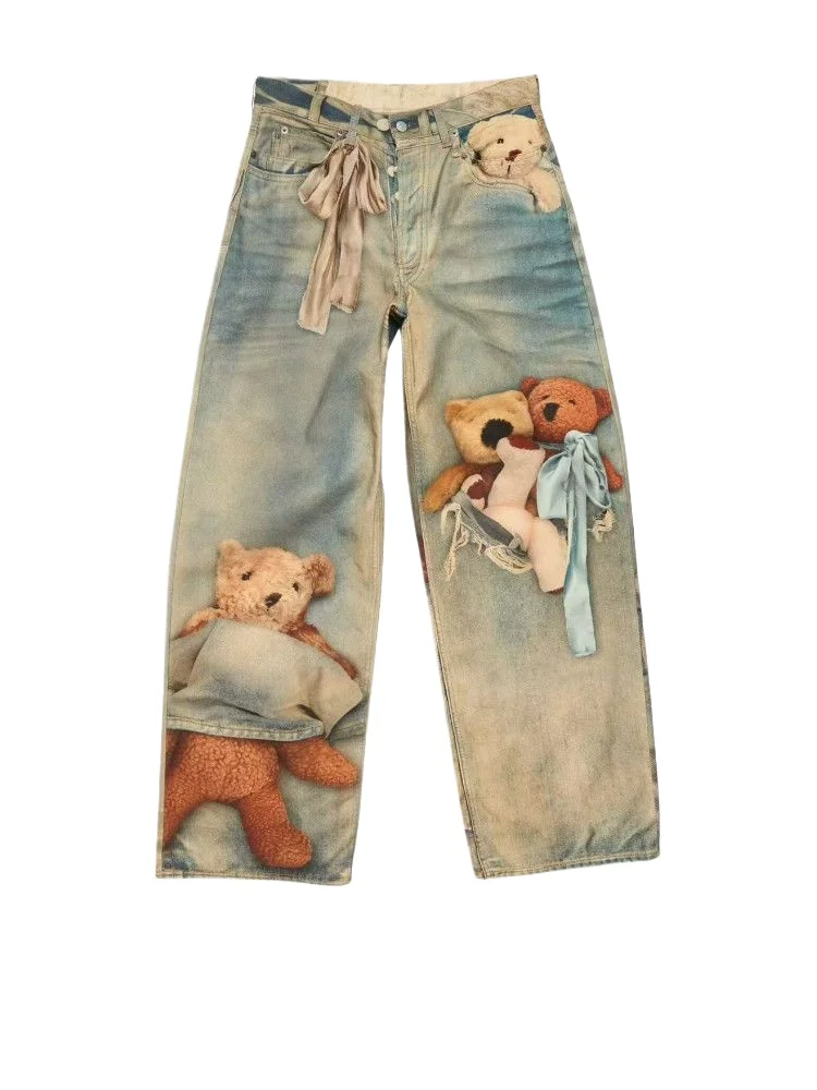 HOUZHOU Vintage Women Jeans Print Harajuku Y2k High Street Baggy Denim Pants Retro Gothic 2000s Fashion Oversize Graphic Jeans