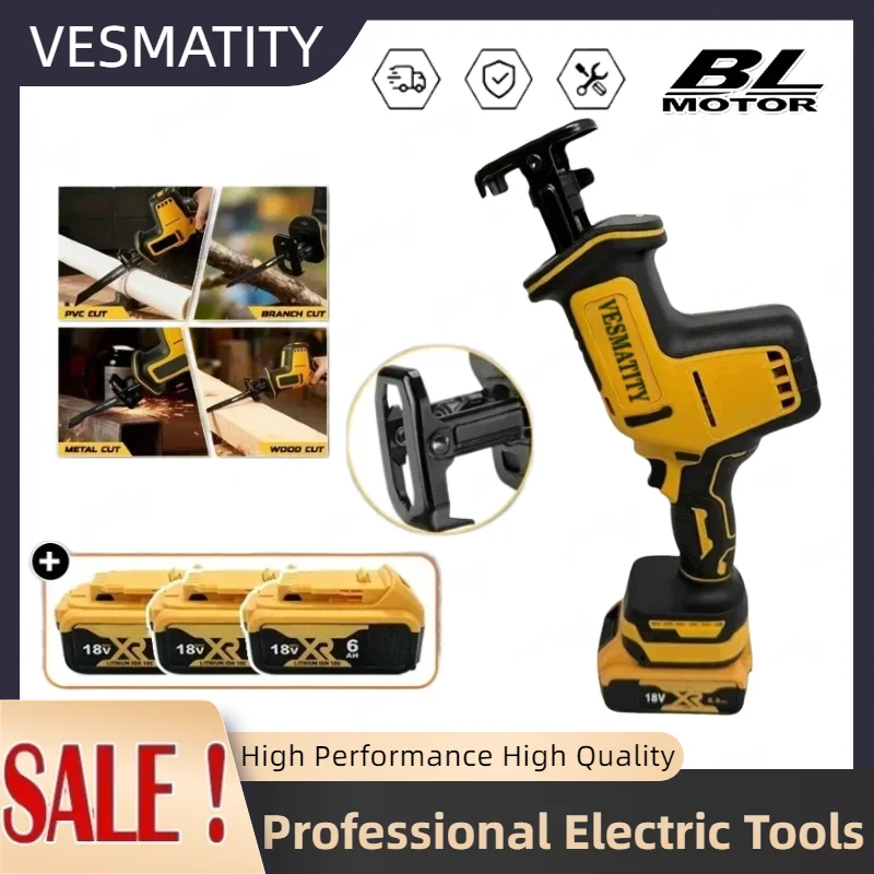Electric Saw Power Tool, Cordless Brushless Reciprocating Saw Speed Adjustable Metal Wood For 18V Battery.