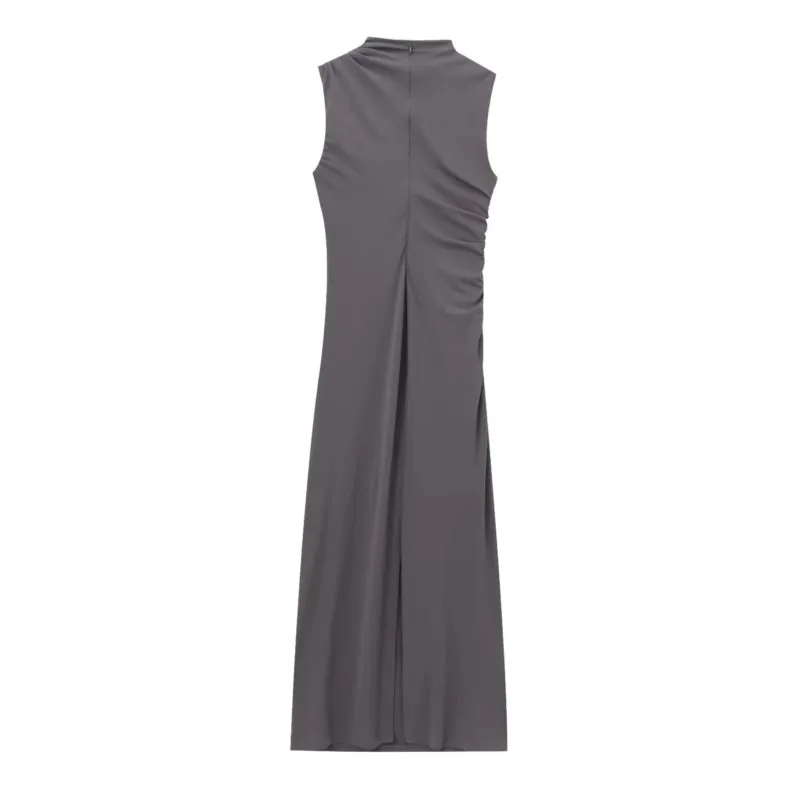 TRAF Folded decorative Long Dress for Women Autumn Two Options Midi Dress Back Zipper Sleeveless Dresses Female Short Dress image 2