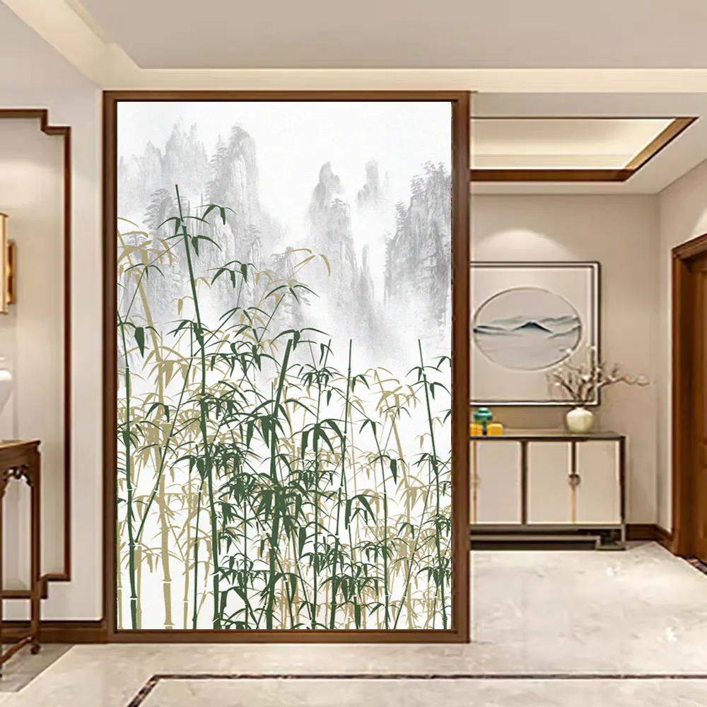 Glue-Free Detachable Privacy Glass Window Frosted Sticker Bamboo Landscape Pattern Glass Door Film PVC Anti UV Glass Window Flim