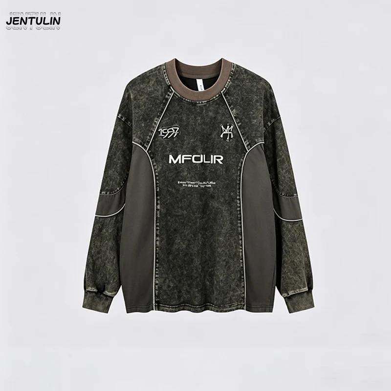 Washed Distressed Color Blocked Patchwork Long Sleeved Letter Embroidered Loose Shoulder Retro High Street Round Neck Sweatshirt