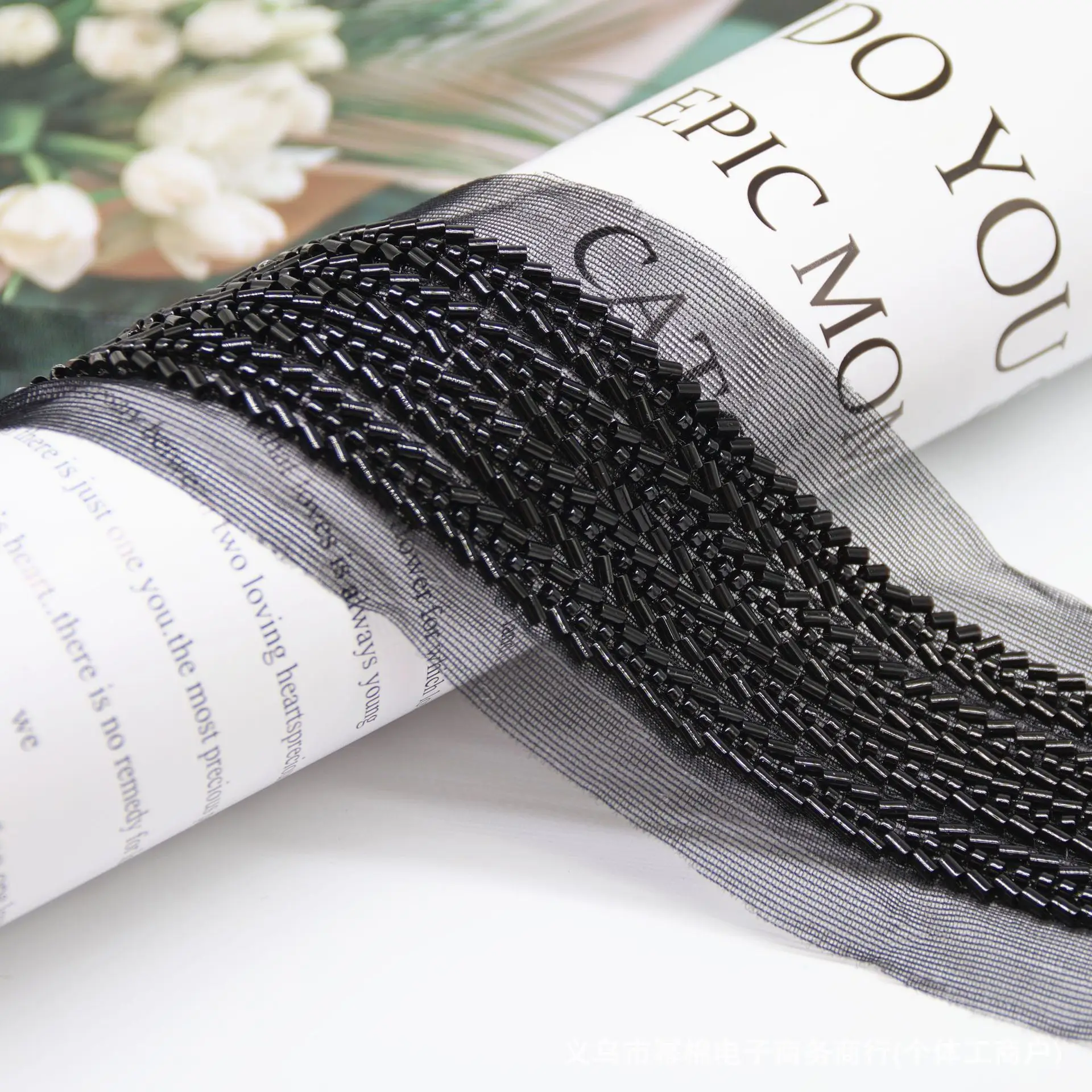 1y Gold Black Heavy Handmade Beaded Lace Ribbon Tape Trim Embroidered Collar Decoration African Net Cord For Sewing 4cm Wide