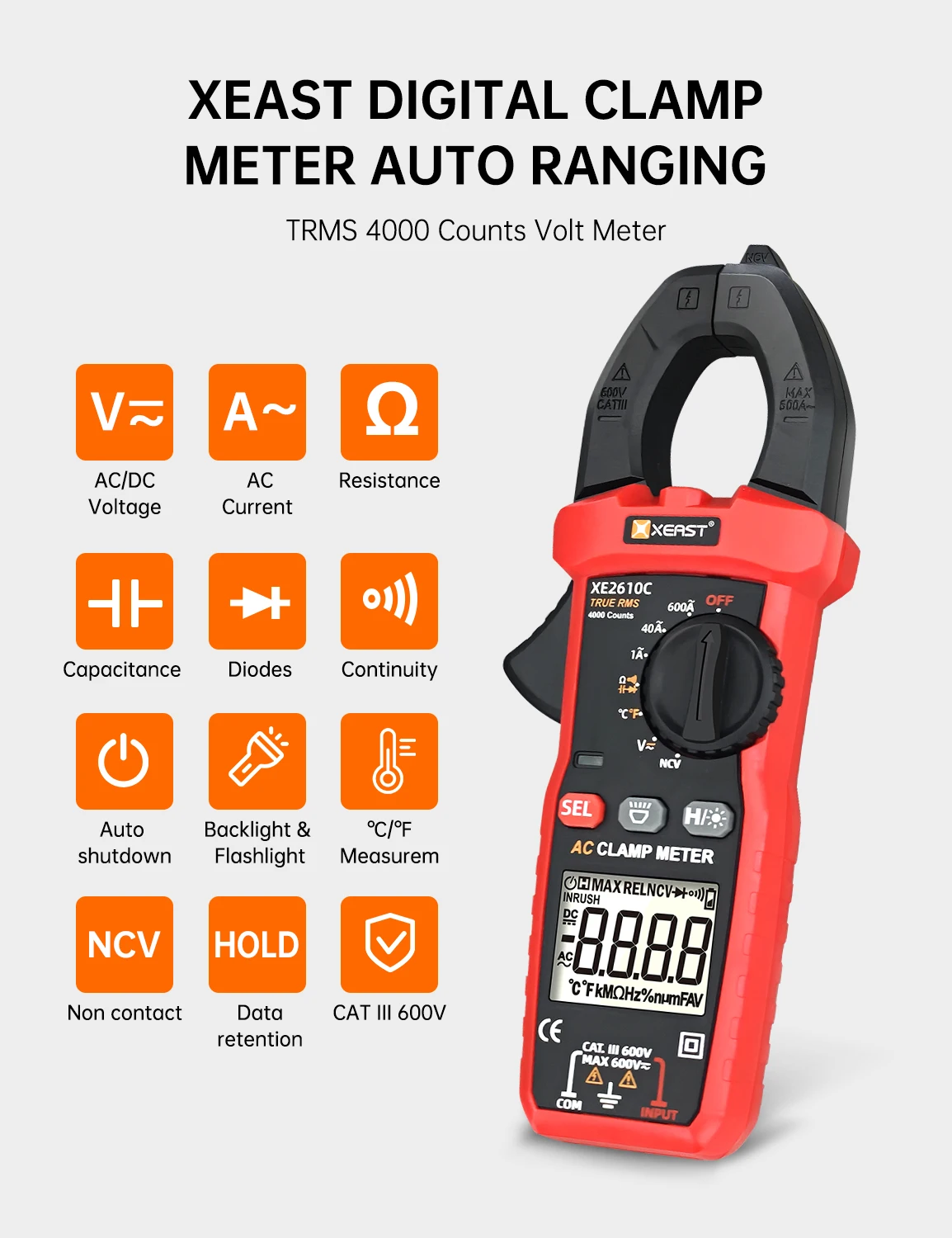 XE-2610C True RMS Digital Clamp Meter AC/DC Inrush NCV Temperature Capacitance OEM Customized Support Continuity
