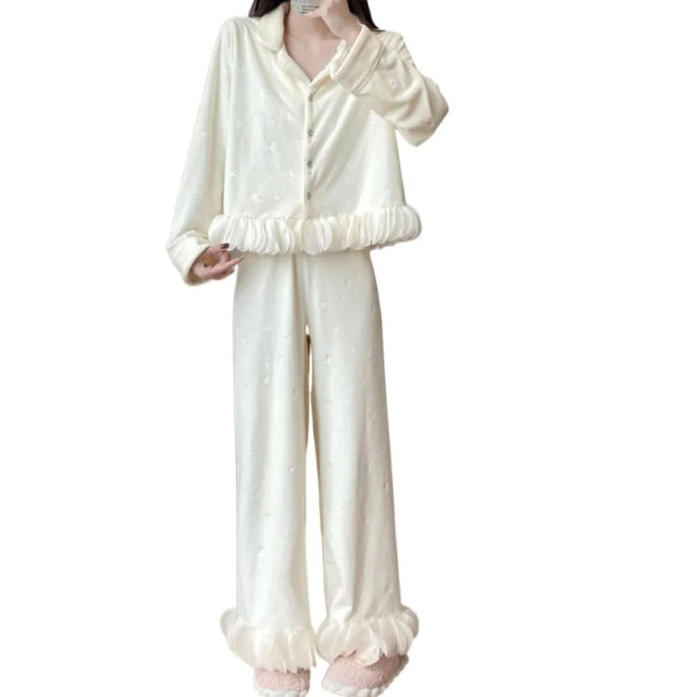 

Ins Long Sleeve Bow Pajamas Set Winter Sweet Velvet Pajamas Suit Ruffle Casual Warm Thicken Sleepwear Autumn Winter
