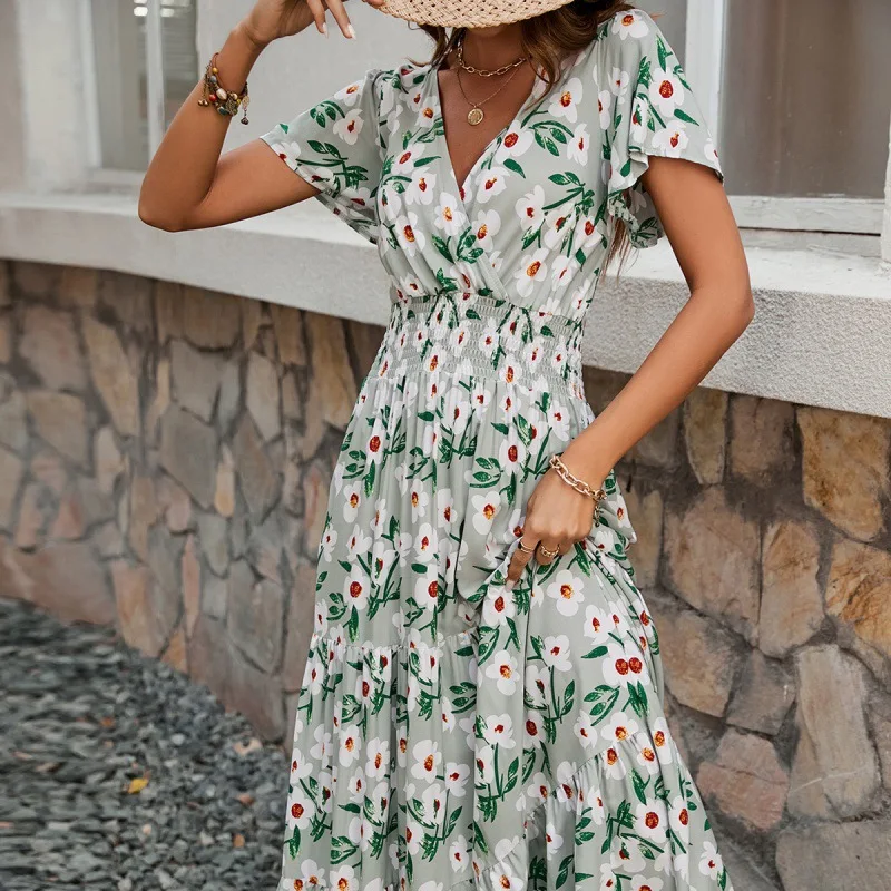 

2024 Summer New Style V-neck Short-sleeved Rayon Printed Dress Women's Fashionable Waist Slimming Long Skirt