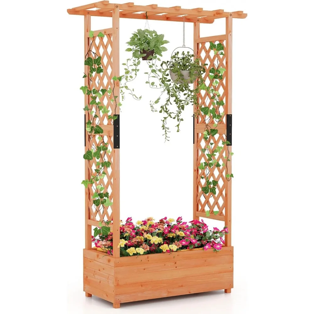 

Raised Garden Bed with Trellis & Hanging Roof, Wood Planter Box with Bottom and Drainage Holes, Freestanding Garden