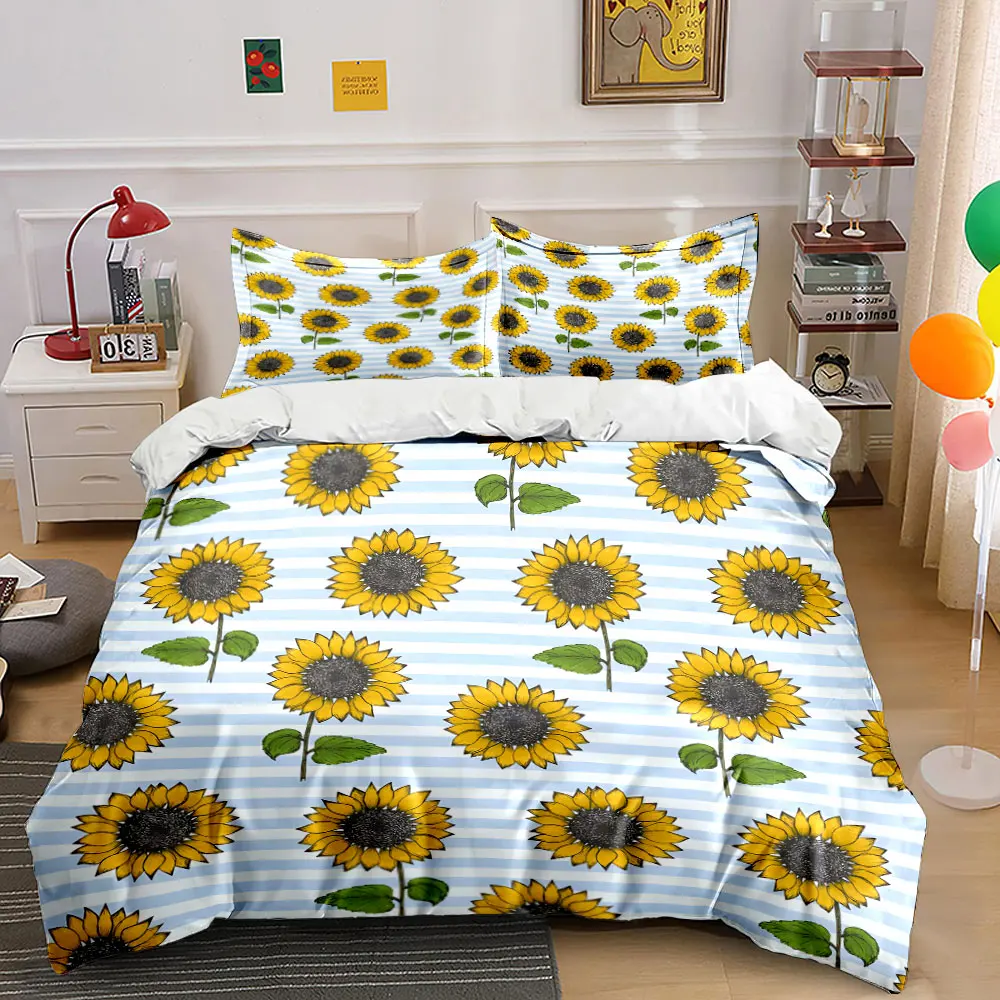 Sunflowers and blue striped background Print Soft Comfortable Duvet Cover Bedding Set Included 1*Duvet Cover 2*Pillowcases