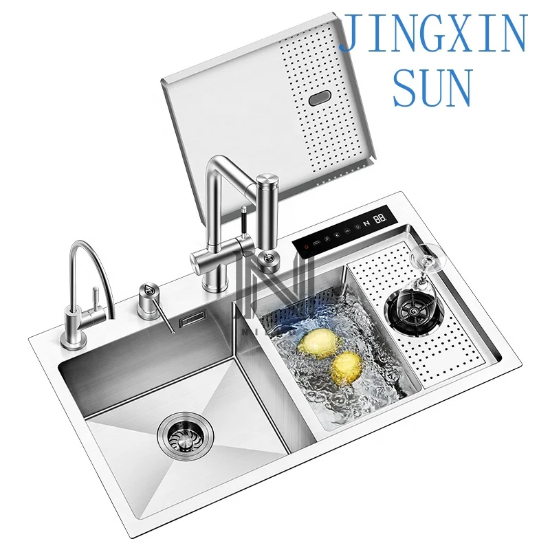 N8246X for Modern Square Stainless Steel Double Bowl Kitchen Sink with Faucet Smart Above Counter Installation for Kitchen