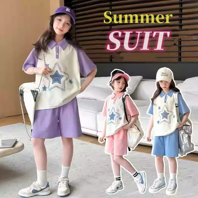 Summer Girls Cotton Patchwork Pentagram Preppy T-Shirt Tops+Shorts Pant Sets School Kids 2PCS Tracksuit Children Outfits 7-16 Yr