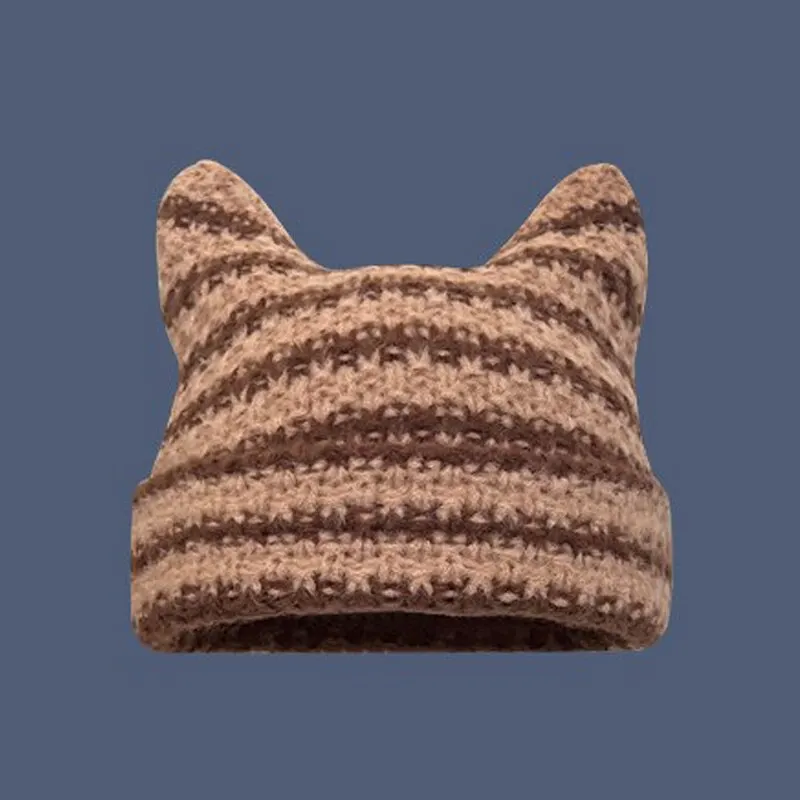 Japanese Beanie Hat Ins Little Devil Striped Knitted Wool Cap Autumn and Winter Cute Cat Ears Pointed Pullover Womens