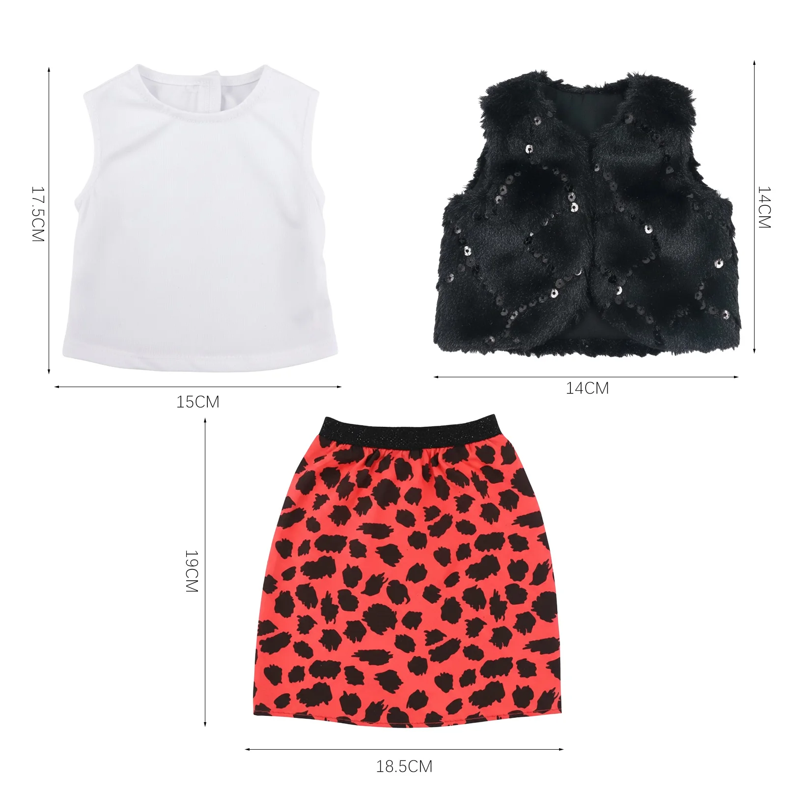 3개 세트 레오파드 프린트와 블랙 글리터 조끼 43cm 리본 베이비 인형 옷 액세서리 18인치 인형 소녀 장난감