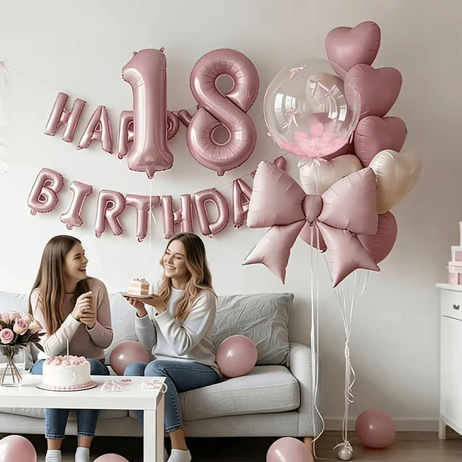 18-teiliges Rosa Geburtstagsparty-Set, 32-Zoll-Zahlen- und 0-9-Folienballons, Transparente, Matte Rosa Schleifen, Macaron- und Creme-Herzballons Deko – Detail 1