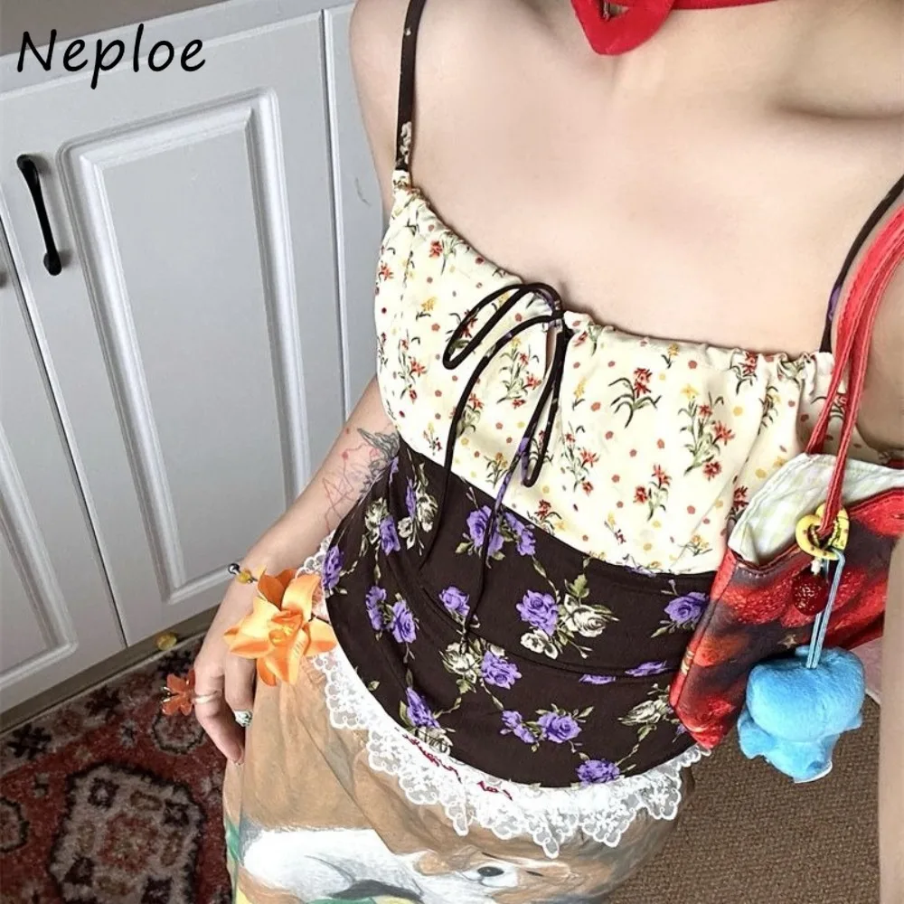 

Neploe Japanese Simple Vintage Creative Vest Print Slim Minority All-match Lace Patchwork Tees Lace Up Panelled Harajuku Camis