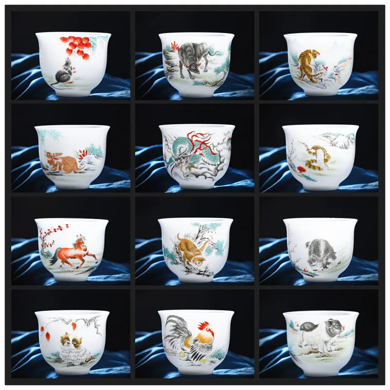 Ice Jade Porcelain Tea Ware Twelve Zodiac Teacup 130ml Chinese Kung Fu Tea Bowl Creative Animal Pattern Espresso Coffee Cup