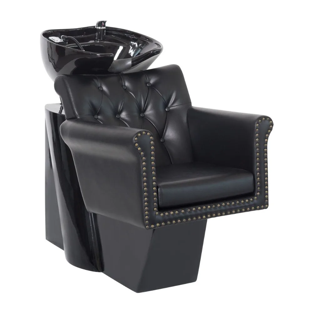 Chelsea Shampoo Backwash Station – Chair and Bowl Unit for Salons - Tilting Porcelain Hair Wash Bowl, Wide Tufted Chair