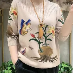 Women's Clothing Butterfly Plant Printed Sweaters Vintage Spring Autumn Round Neck 3/4 Sleeve All-match Loose Knitted Jumpers