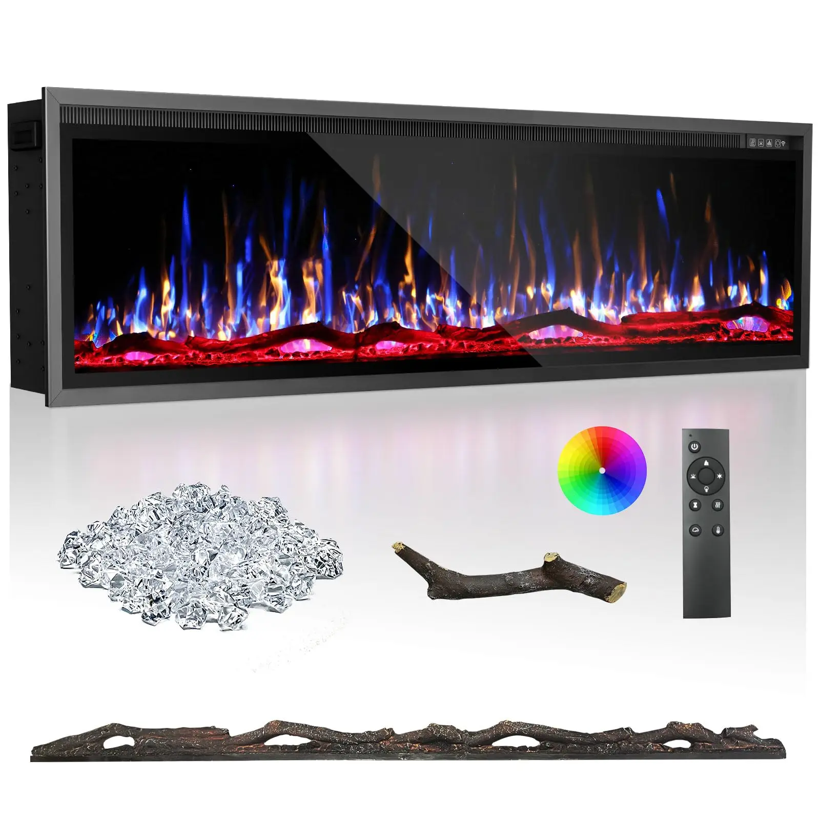 72'' Electric Fireplace-Recessed & Wall Mounted Linear Fireplace-750/1500W Heater w/Temperature Control, Log & Crystal