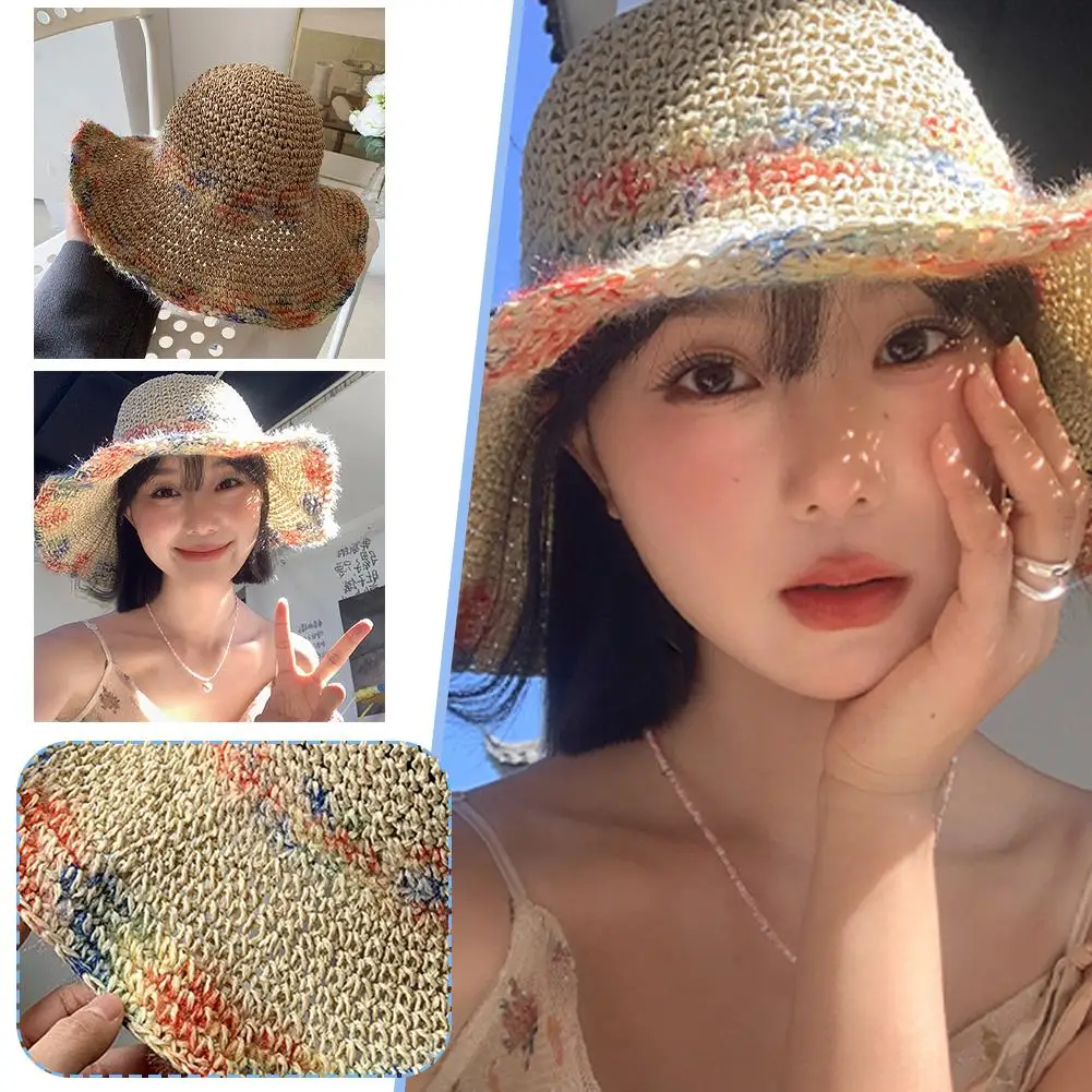 

Colorful Woven Straw Hat Summer Hat Women Panama Hat Screen Hat Straw Cap Beach Brim Summer Shade Hat B2d9