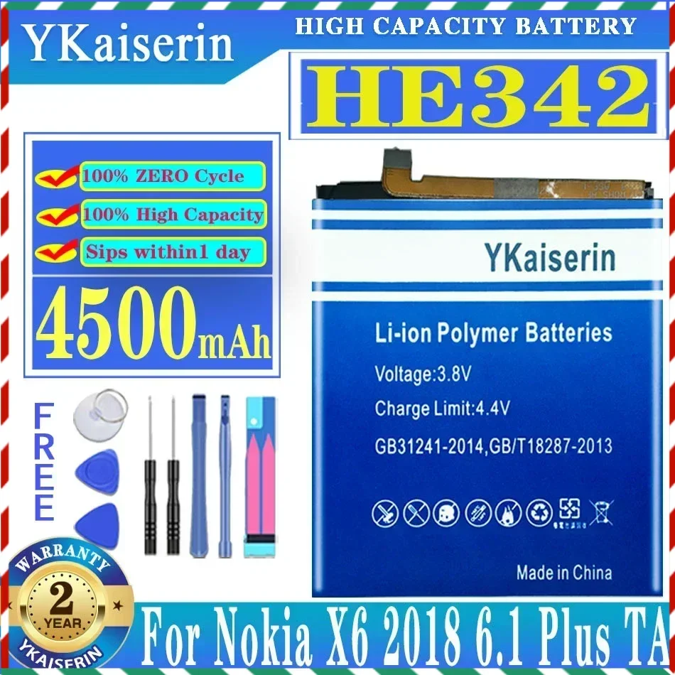 YKaiserin HE342 4500mAh Battery For Nokia X6 2018 6.1 Plus TA-1099 HE 342 Batteries Bateria + Free Tools