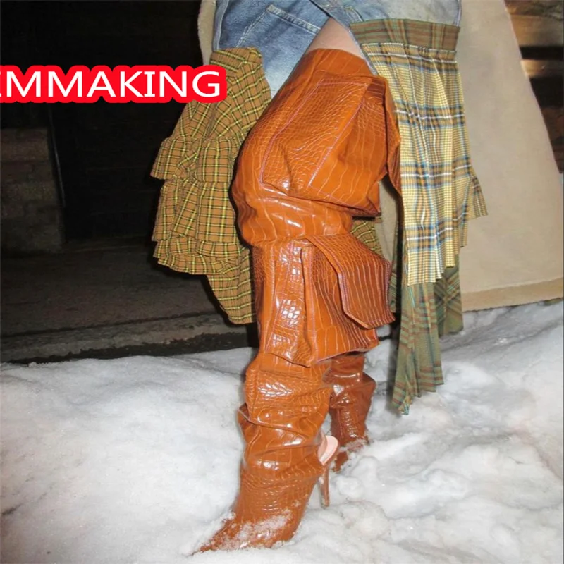 النساء جيب المدرج أشار تو خنجر فوق الركبة الأحذية تصميم جديد السيدات أحذية عالية الكعب botas de invierno الفقرة موهير #3