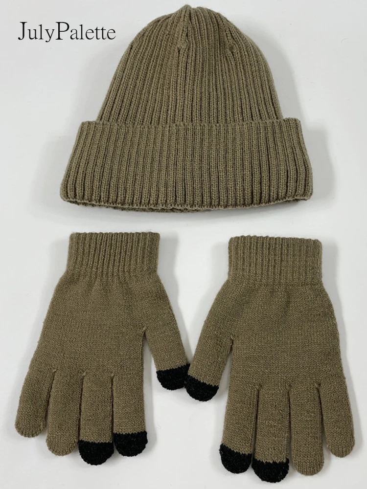 JulyPalette Solide Einfache 3Pcs Gestrickte Set Winter Warm Beanie Hut Lange Schal Touchscreen Handschuhe Plus Samt Hut für Frauen männer