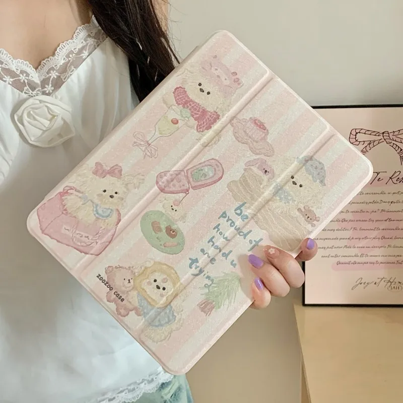 Kawaii Cartoon Dog Design Case for iPad Air 6/7 Pro 11/13/12.9inch 2018 2020 2021 2022 2024 2025 Tri-fold Stand Protective Cover