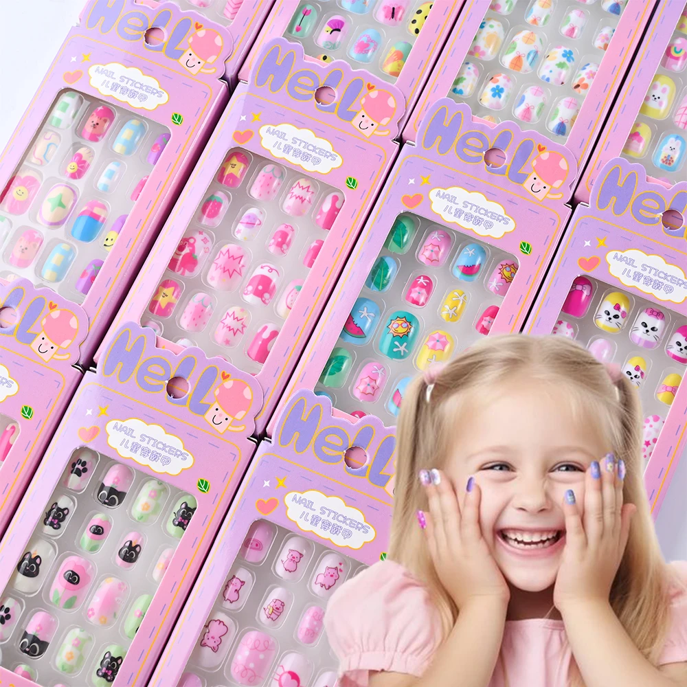 

24Pcs/box Children's Press on Nails Cartoon Colorful Cute Acrylic Kids Fake Nails Tips Kawaii Girl Full Cover Short False Nails