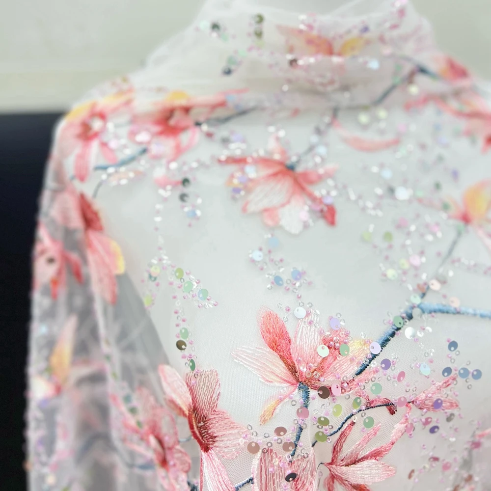 New branch flowers multi-color embroidery net sequin fabric modern exquisite cheongsam beaded lace wedding dress fabric