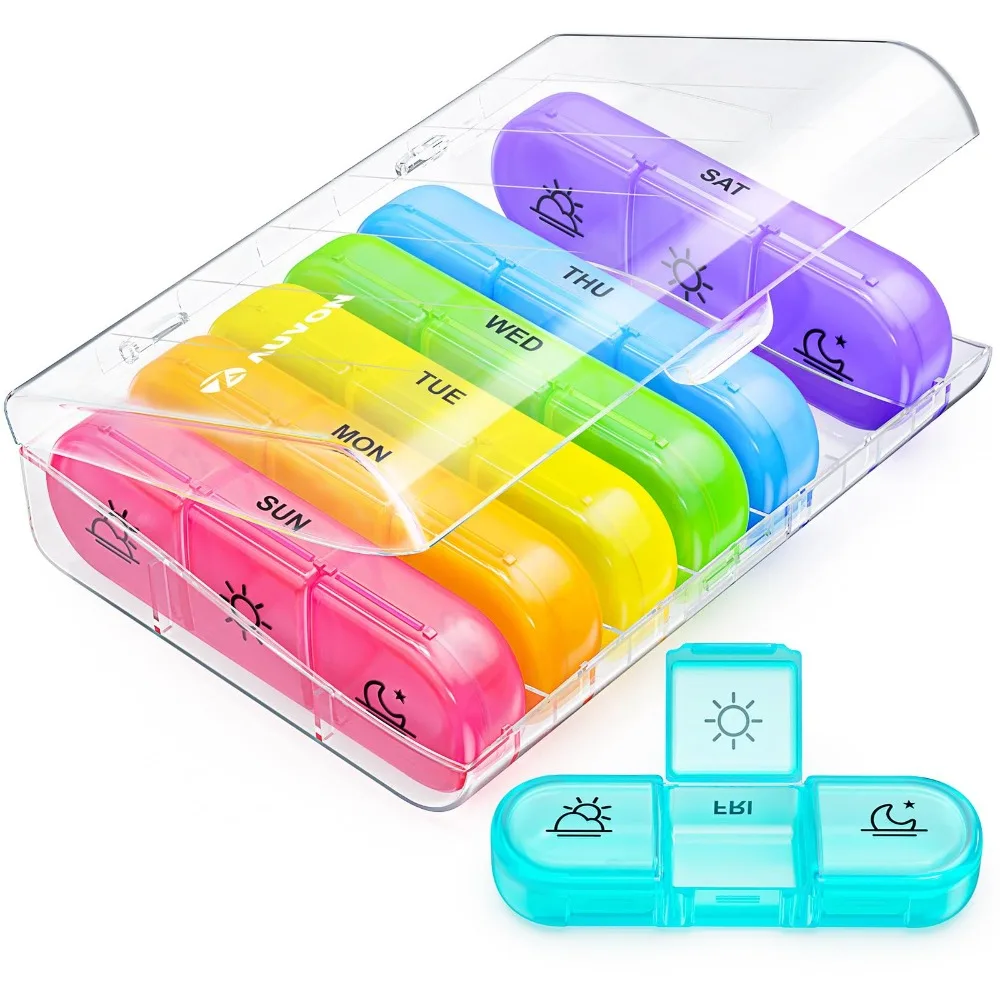 Weekly Pill Organizer with Labels Small Vitamin Holder Organizer Dustproof 21 Compartments Travel Cute Pill Container Rainbow