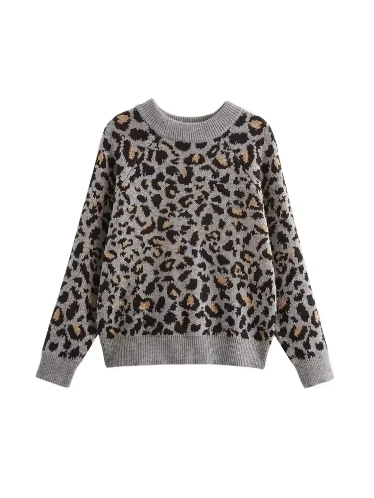 

GELITAYIN Leopard Jacquard Knit Sweater For Women O-Neck Long Sleeve Fashion Chic Pullover Top