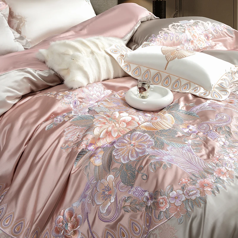 4/6/9Pcs  Gorgeous Flowers Embroidery European Palace Style Bedding Set Brocade Egyptian Cotton Duvet Cover Bed Sheet Pillowcase