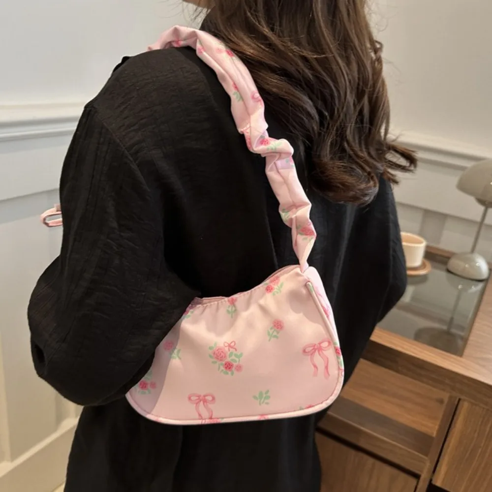 

Korean Style Ruched Flower Pleated Underarm Bag Bowknot Sweet Nylon Handbag Portable Trendy Floral Shoulder Bag Summer