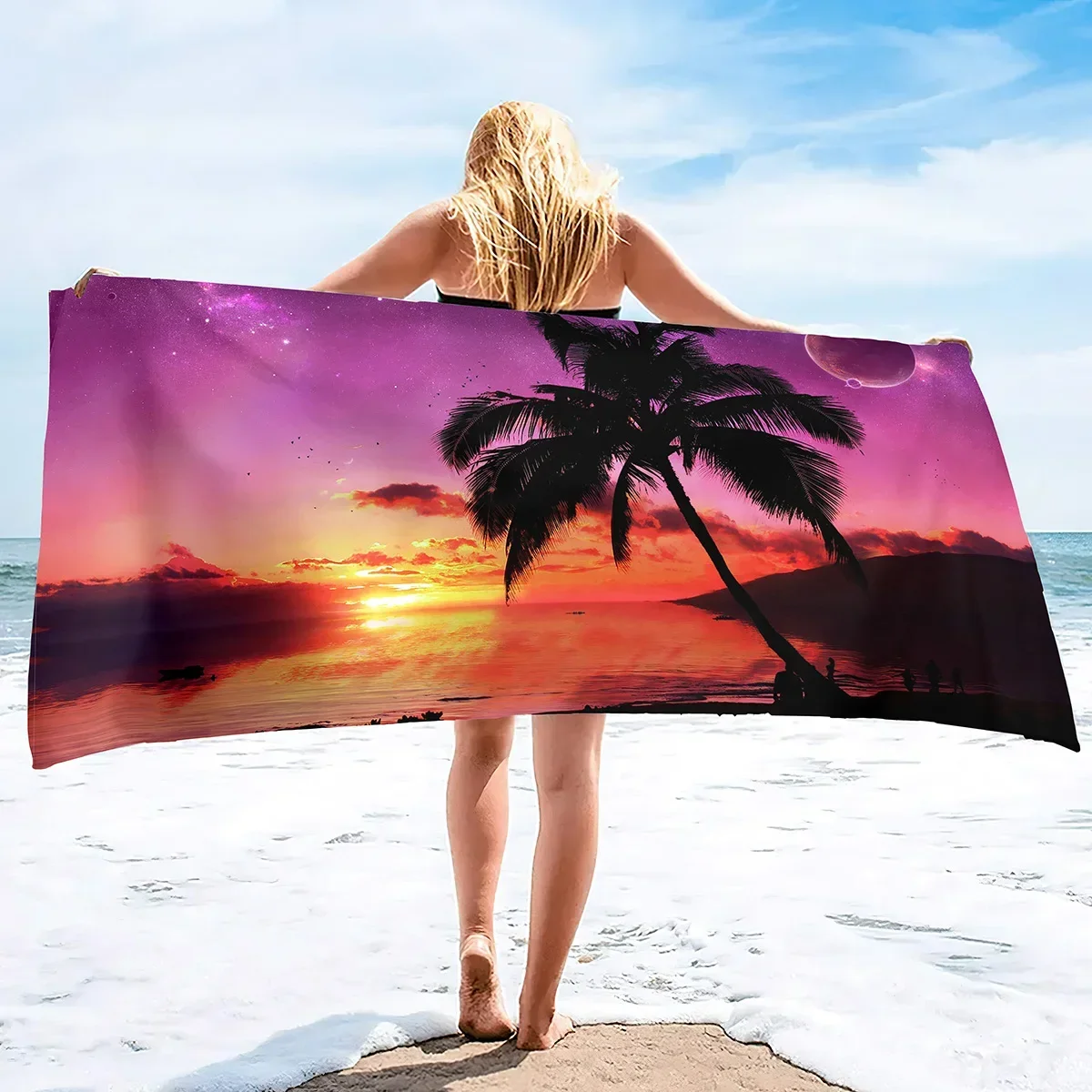 Beach Towel Oversized,Thick Sand Free Microfiber Beach Towel, Super Absorbent Tropical Coconut Tree Sunset Swim Beach Towels