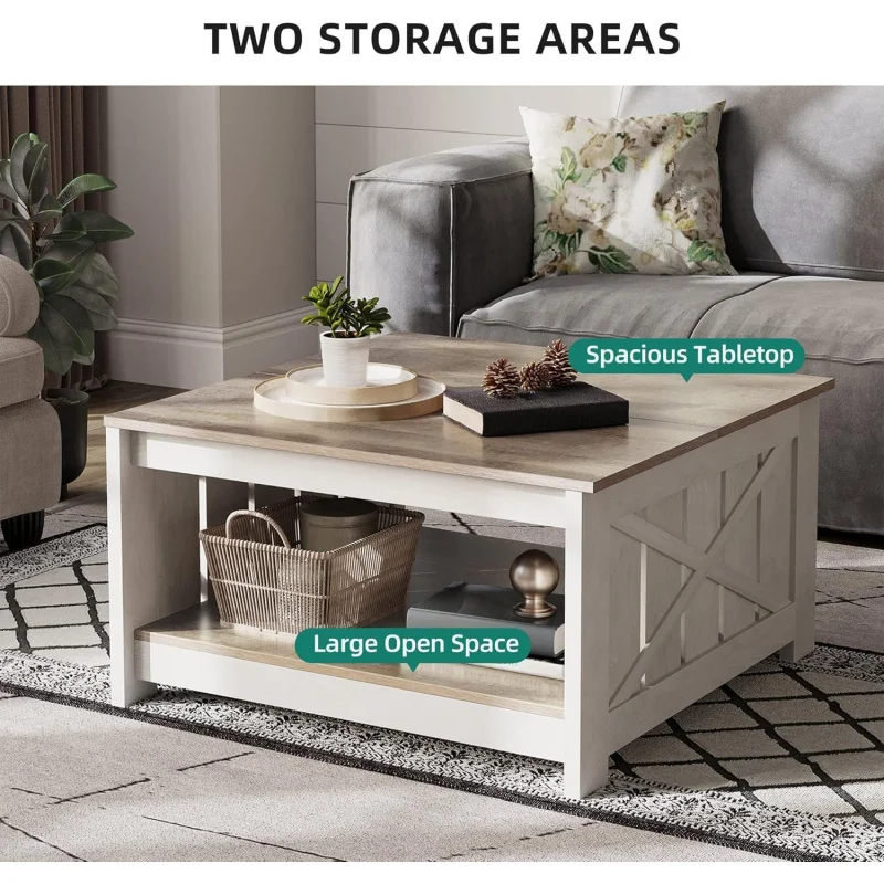 Farmhouse Rustic Wood Square Coffee Table - Half Open Storage Compartment, Cocktail Table for Living/Meeting Room