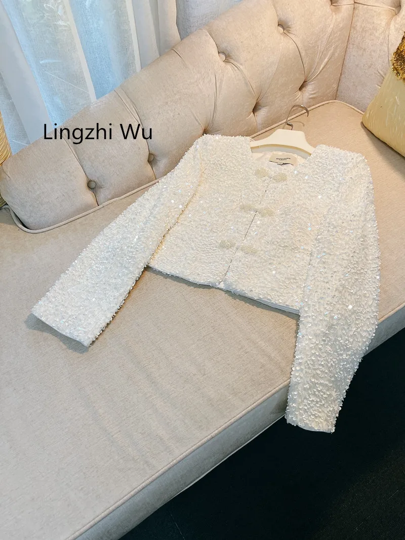 Lingzhi Wu bottoni di perle cinesi Top paillettes di velluto di lusso Top Quality Elegant Ladies Short capispalla femminile bianco nuovo arrivo