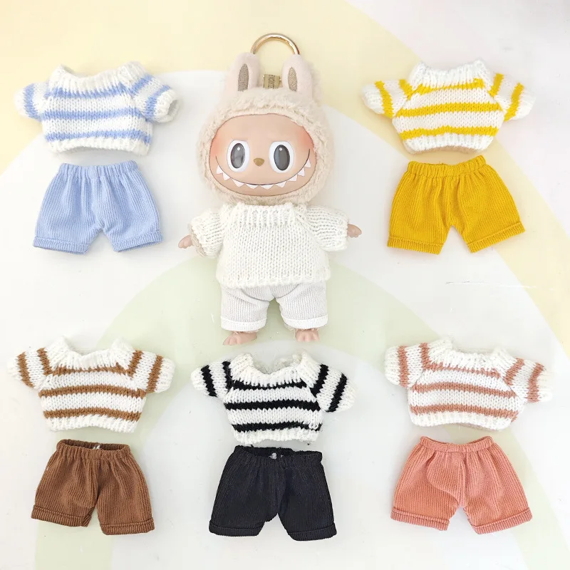 Roupas de boneca labubu 15cm/17cm, shorts universais e suéter listrado, conjunto para bonecas labubu i/ii idol, festa sentada