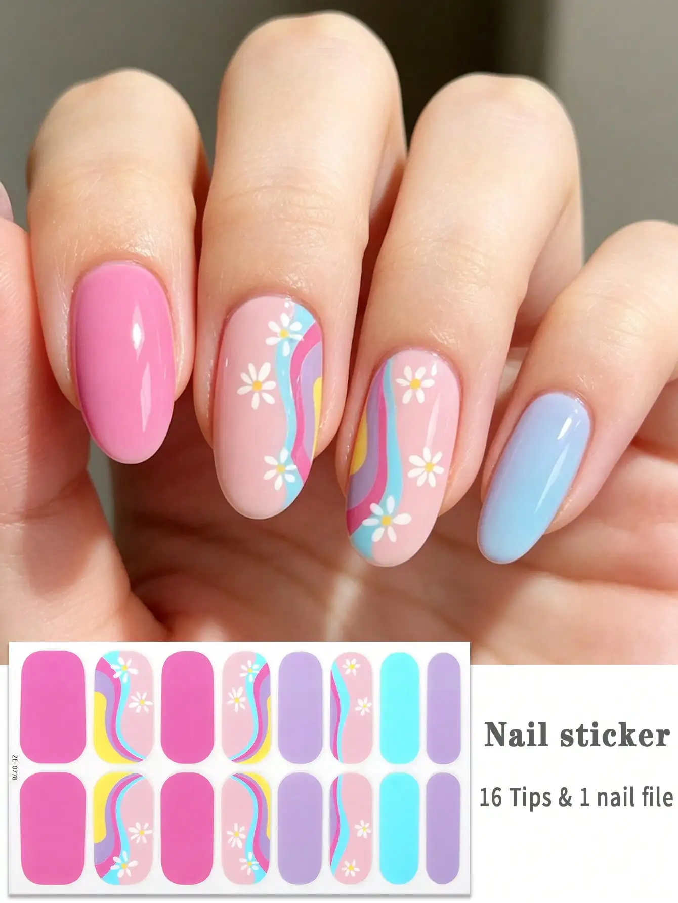

16Pcs Macaron Flower Nail Wraps,Spring/Summer Sweet Cute Nail Stickers, Easy To Apply, Suitable For Women's Daily Casual Home DIY Nail Art Stickers.