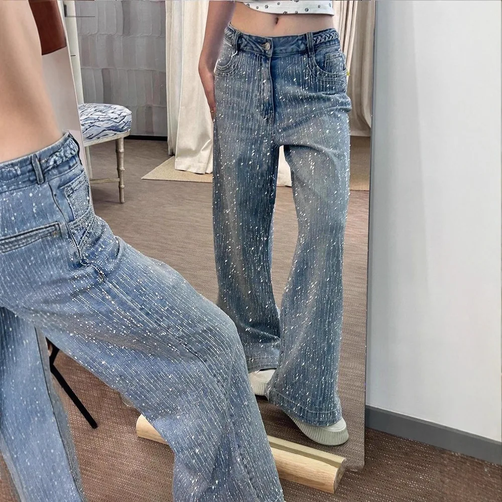 TWOTWINSTYLE ブルー スプライス ダイヤモンド ラグジュアリー トラウザーズ 女性用 ハイウエスト ルーズ アメリカン レトロ レディース ワイドレッグパンツ 秋ファッション