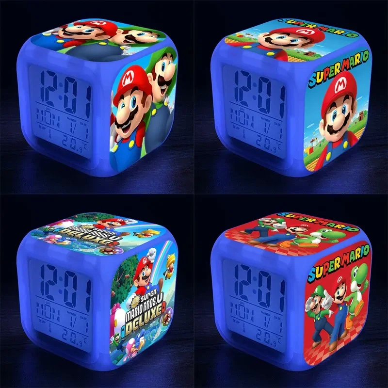 Super Mario Bros Alarm Clock Cartoon LED Colorful Color Clock Anime Luigi Yoshi Figures Alarm Clock Toys Children Christmas Gift