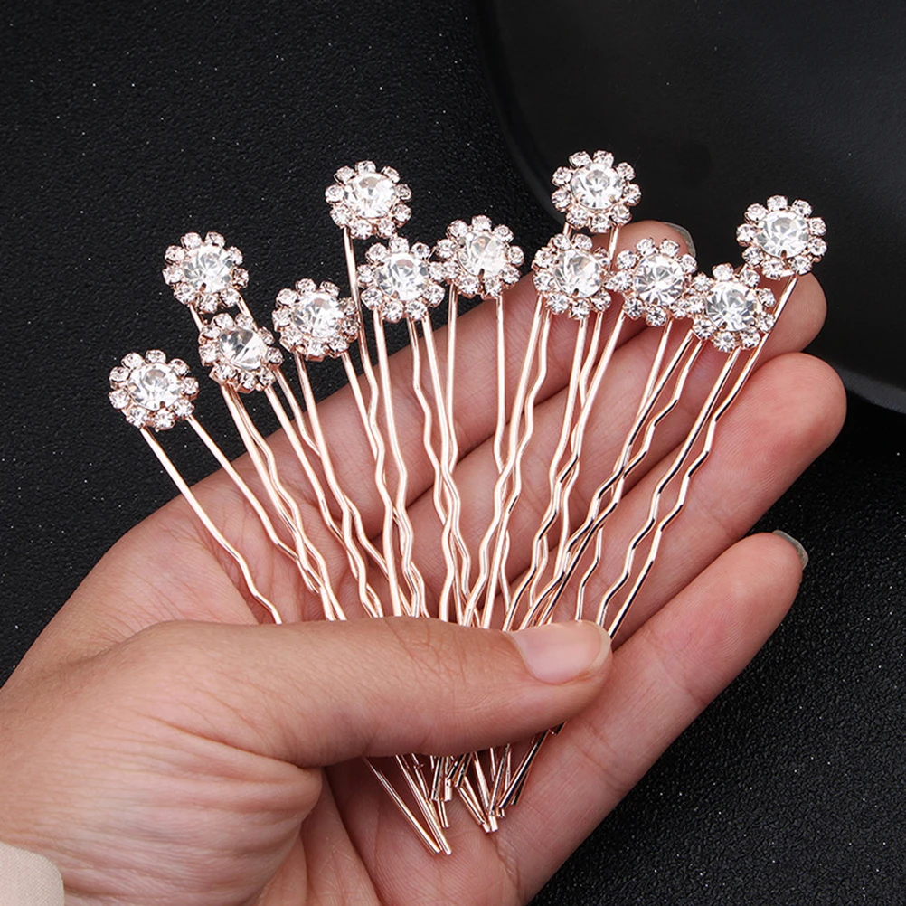 

Floral Hairpins U-Shaped Bridal Hair Clips Rhinestone Wedding Accessories For Bridesmaid Party Rose Gold Alloy Hairpin For
