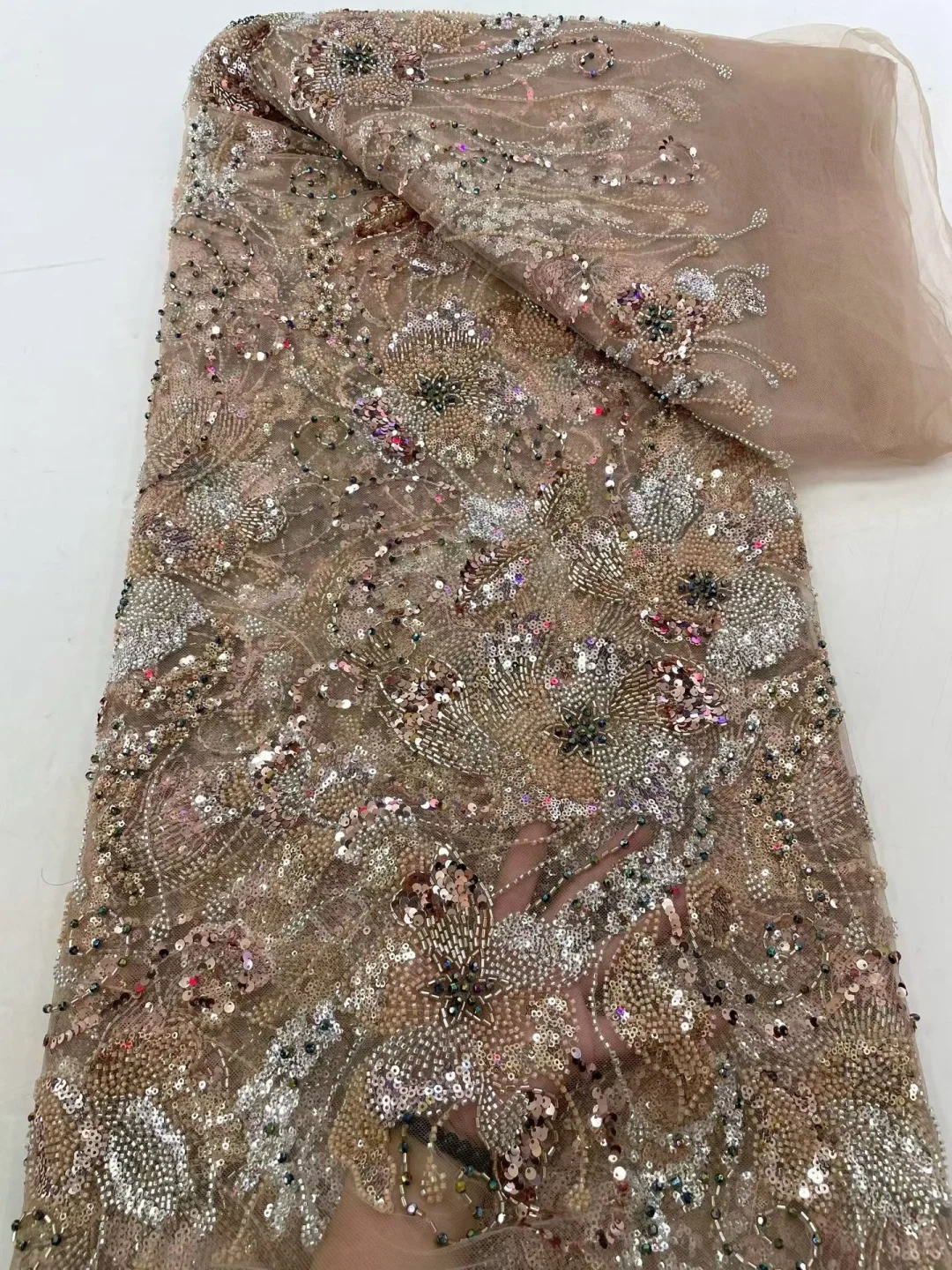 French Lace African Fabrics With Sequence For Wedding Bridal Dubai Glitter Handmade Crystal Beads Luxury Nigerian Beaded AT2824
