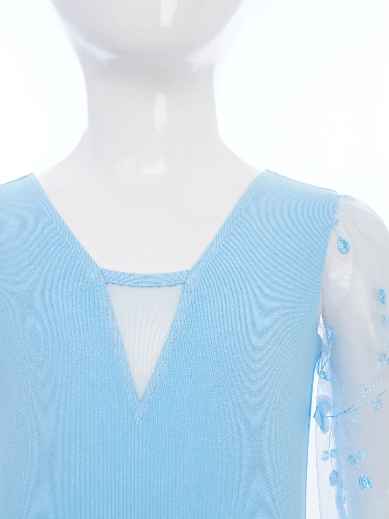 

Kids Girls Ballet Performance Costume V-Neck 3D Flowers Embroidery Sheer Mesh Long Puff Sleeves Gymnastics Ballet Dance Leotard