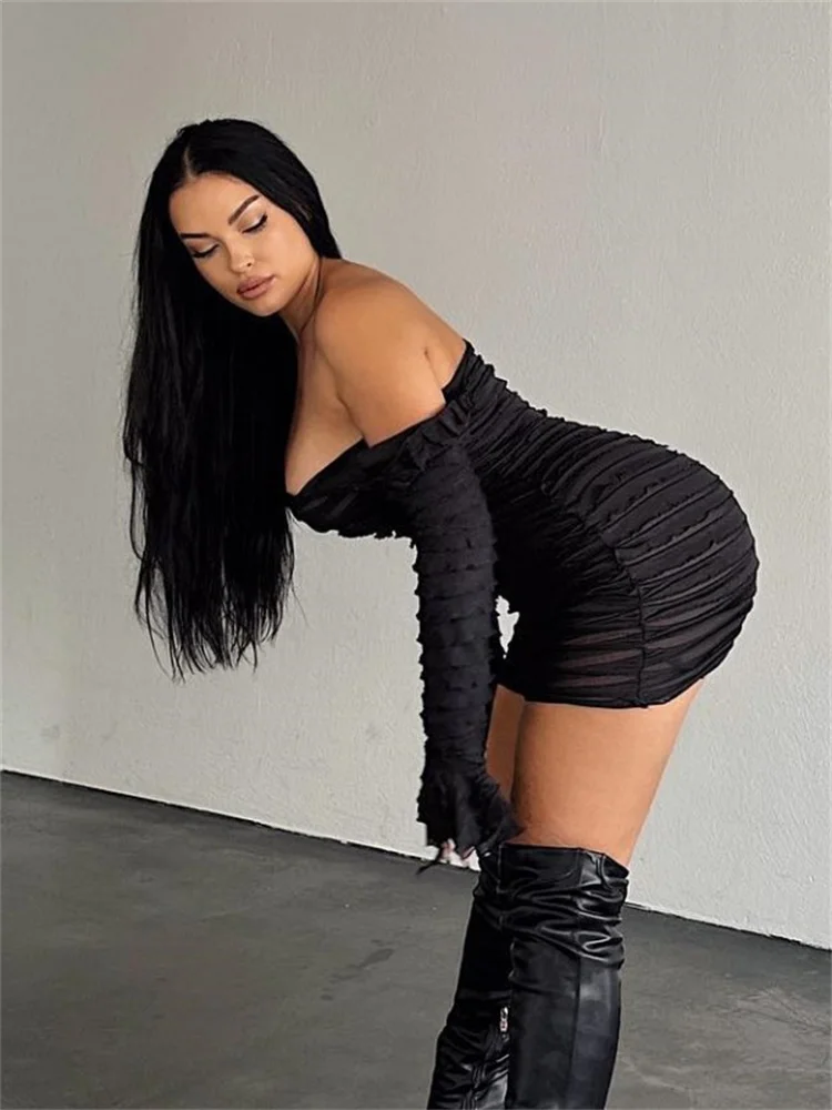 Simenual Balck Ruched Clubwear Women Sexy Off Shoulder See Through Mini Dress Baddie Hot Pleated Bodycon Dresses Fairy Holiday